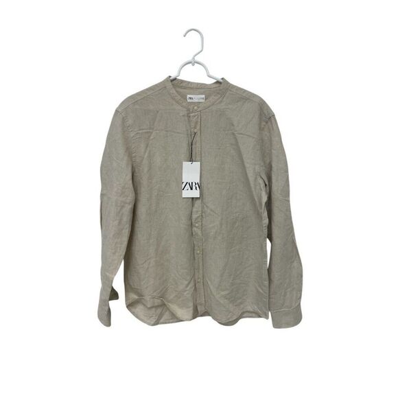 Zara Mens Button Up Shirt Blouse Size L Beige Linen Long Sleeve 1063/462 NWT - Picture 1 of 13
